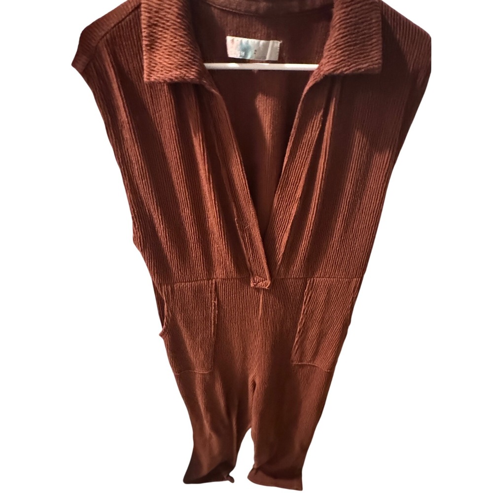 Free People FP Movement Hot Shot Jumpsuit Rust Brown Ribbed Sleeveless XS S